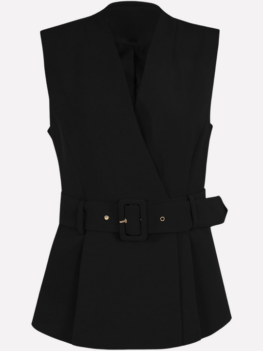 Ghost manequin wears a sleeveless blazer waistcoat that has front gold button fastening, and removable belt. The front of the waistcoat can be seen, including the removable belt.