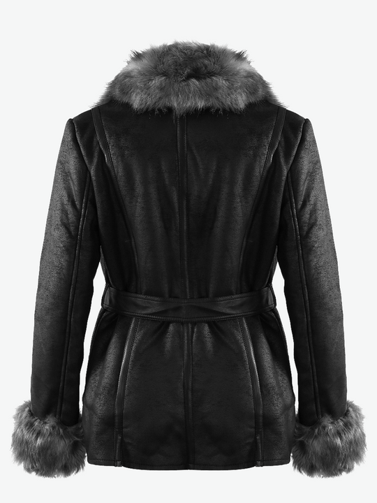 Ghost manequin wears a faux shearling longline jacket with faux fur grey collar and faux fur grey cuffs.  The back of the jacket is visible, the faux fur cuffs  and collar is visible, as is the belt at the waist.