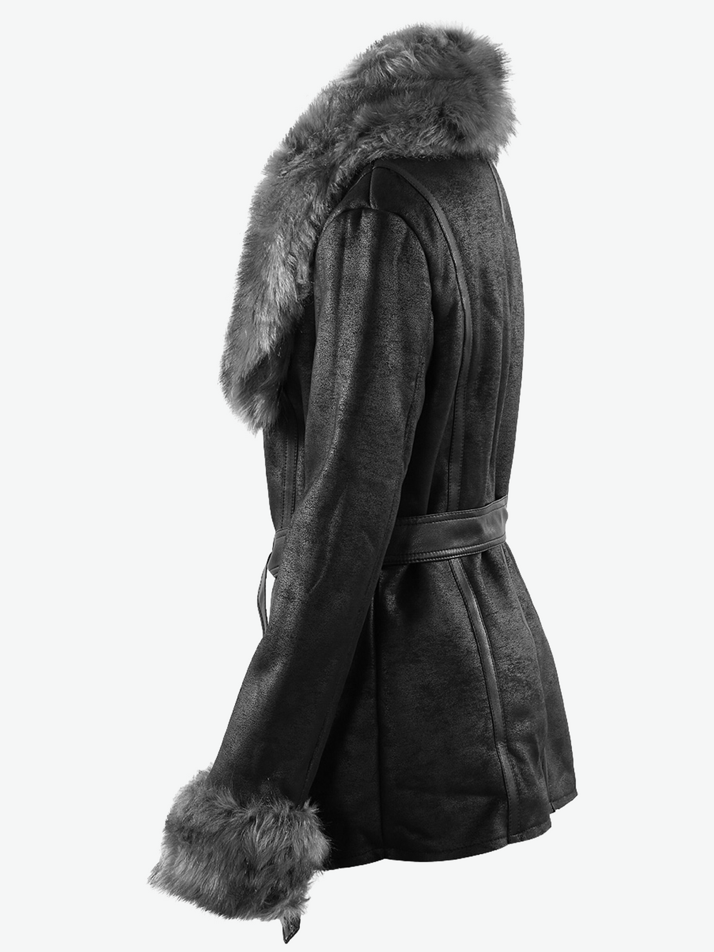 Ghost manequin wears a black faux shearling longline jacket with faux fur grey collar and faux fur grey cuffs.  The ghost manequin stands to the side. The side of the jacket is visible.