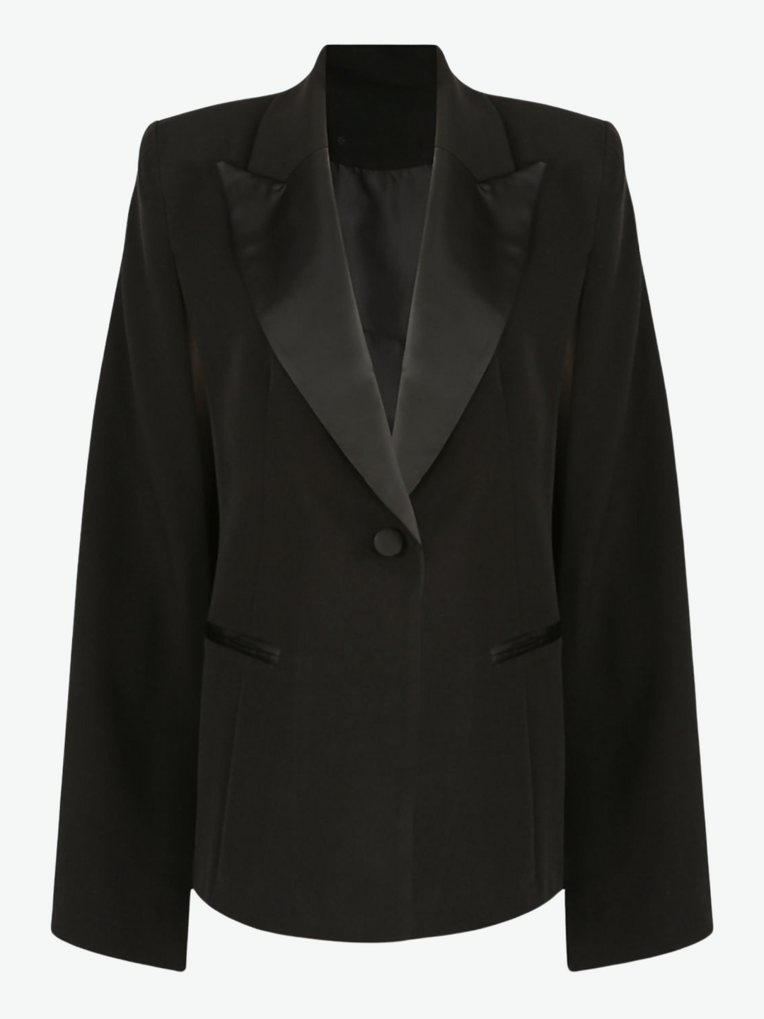 Ghost manequin wears Model wears black cape blazer with side split and black satin lapel. The blazer has front button fastening.  The ghost manequin wears the blazer buttoned.