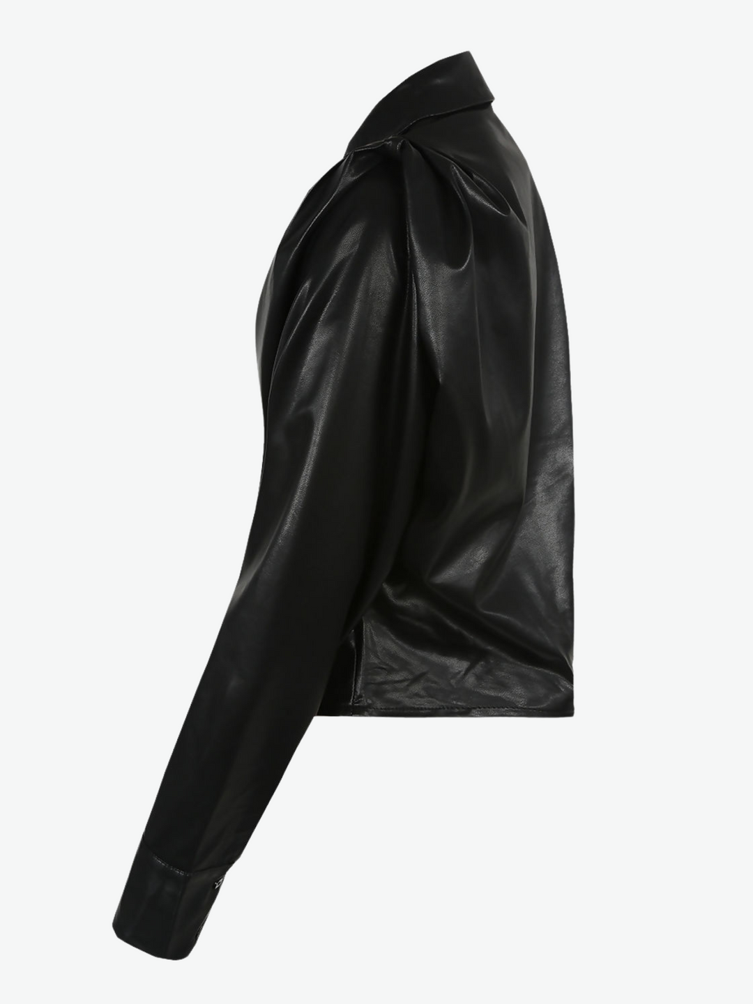 Ghost manequin wears black faux leather shirt with  pleated shoulders and long sleeve. The pu cropped front button shirt  and collard neck.  Ghost manequin stands to the sidem the side of the shirt is visible.