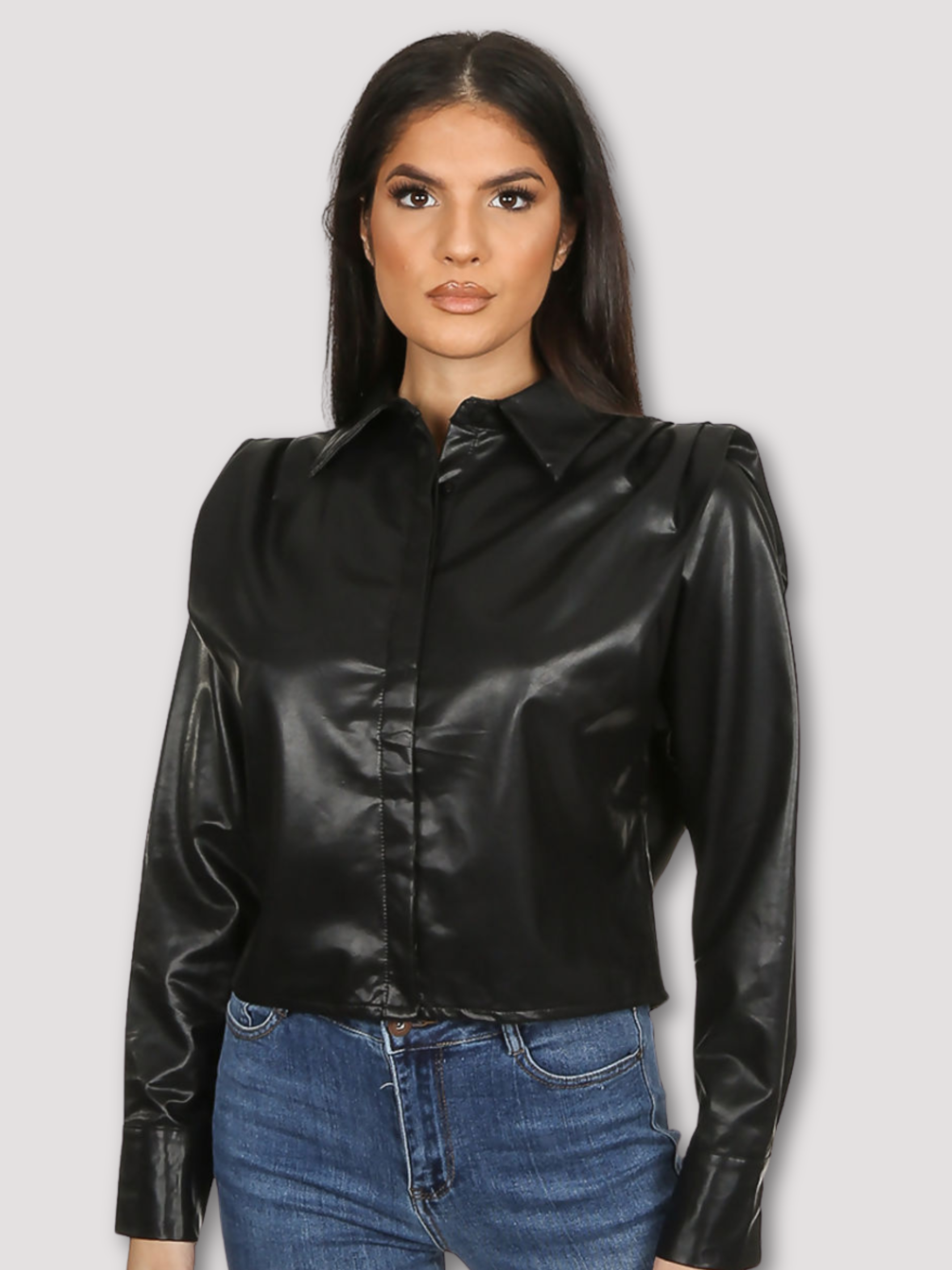Black Faux Leather Cropped Shirt With Front Button Fastening and 