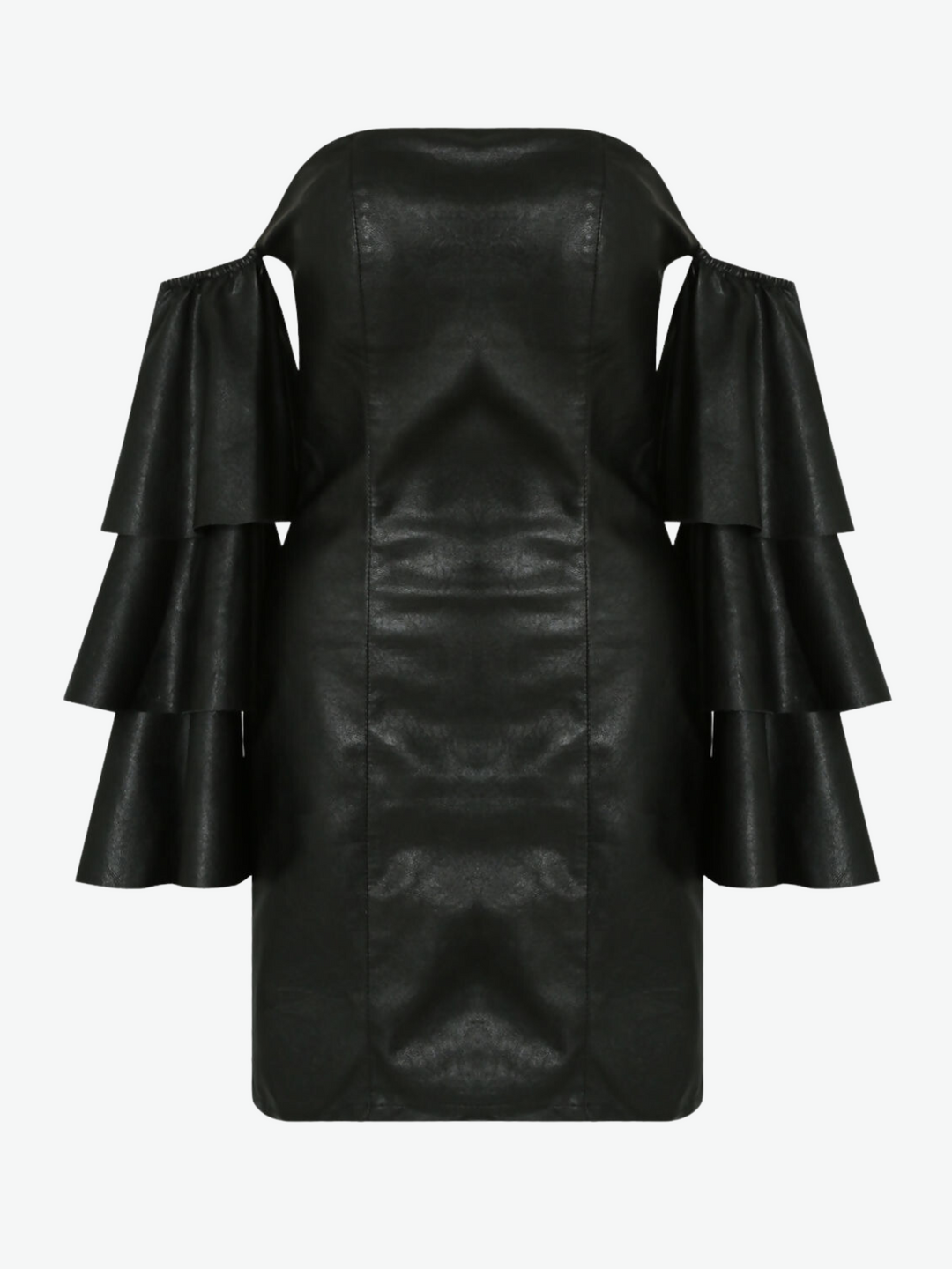 Ghost manequin wears a black faux leather bandeau mini dress with off the ruffled sleeves.