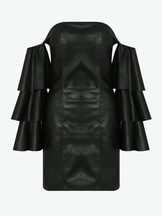 Ghost manequin wears a black faux leather bandeau mini dress with off the ruffled sleeves.