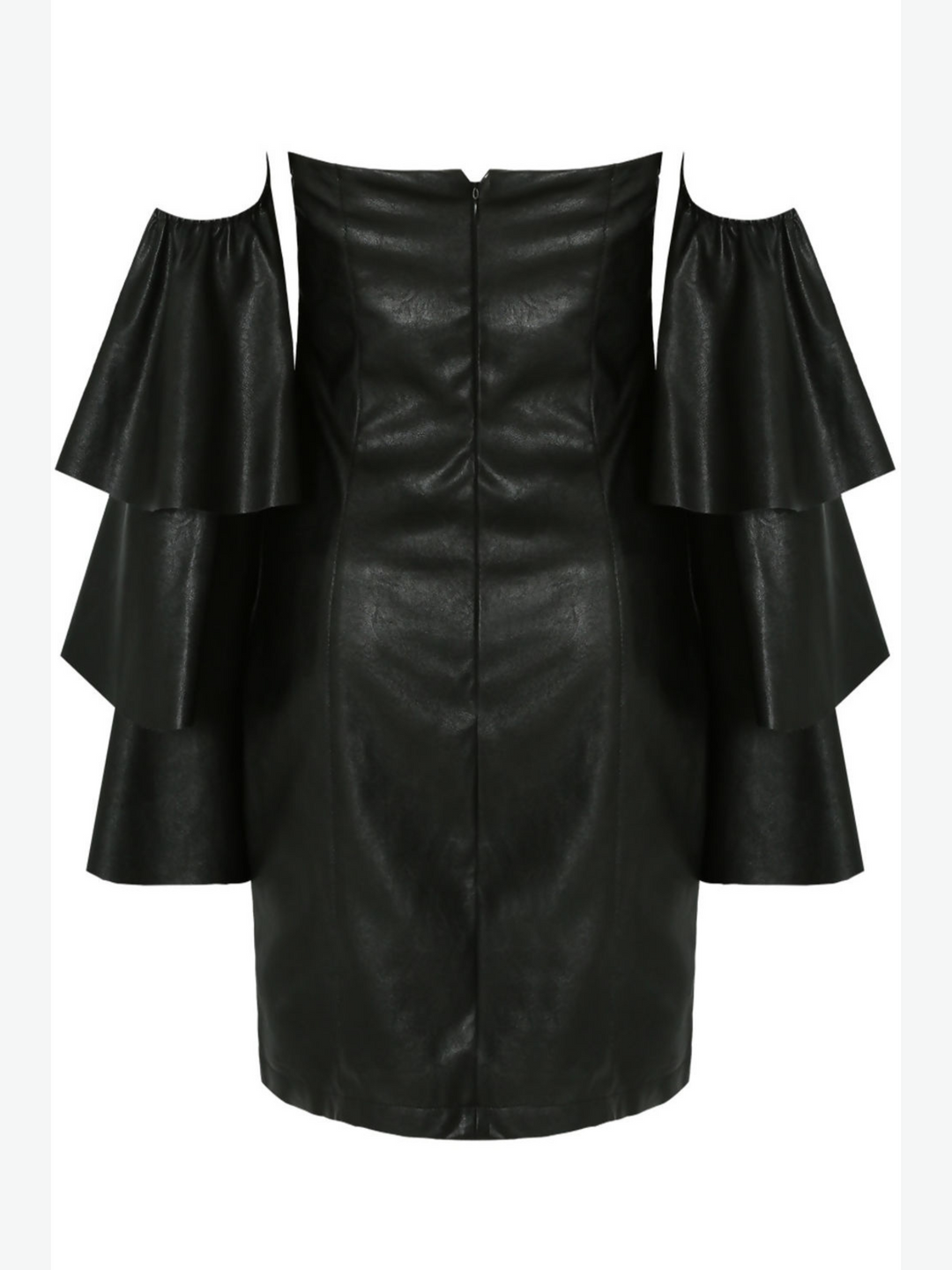 bandeau mini dress with off the ruffled sleeves. The back of the dress is visible and the concelaed zip fastening is visble.