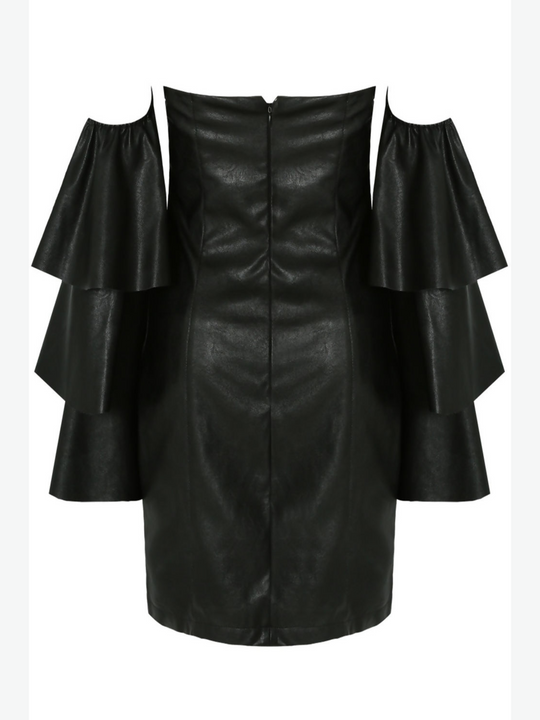 bandeau mini dress with off the ruffled sleeves. The back of the dress is visible and the concelaed zip fastening is visble.