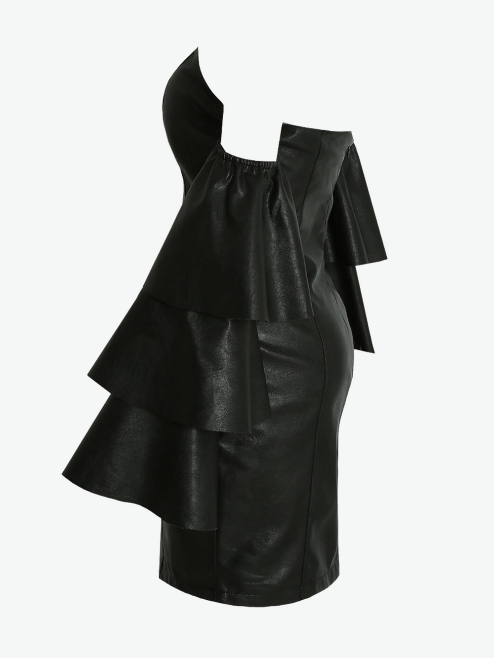 bandeau mini dress with off the ruffled sleeves. Ghost manequin stands to the side, the side of the dress is visble including the bell style sleeves.