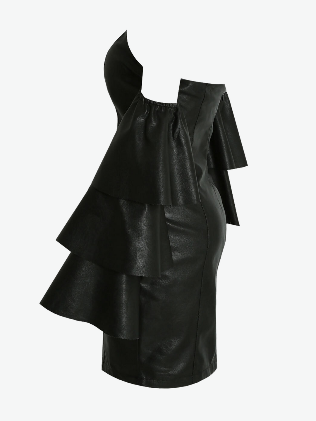 bandeau mini dress with off the ruffled sleeves. Ghost manequin stands to the side, the side of the dress is visble including the bell style sleeves.