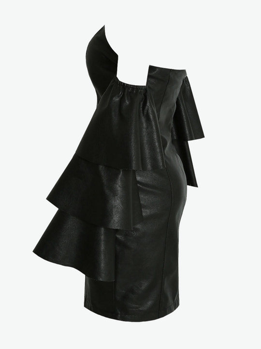 bandeau mini dress with off the ruffled sleeves. Ghost manequin stands to the side, the side of the dress is visble including the bell style sleeves.