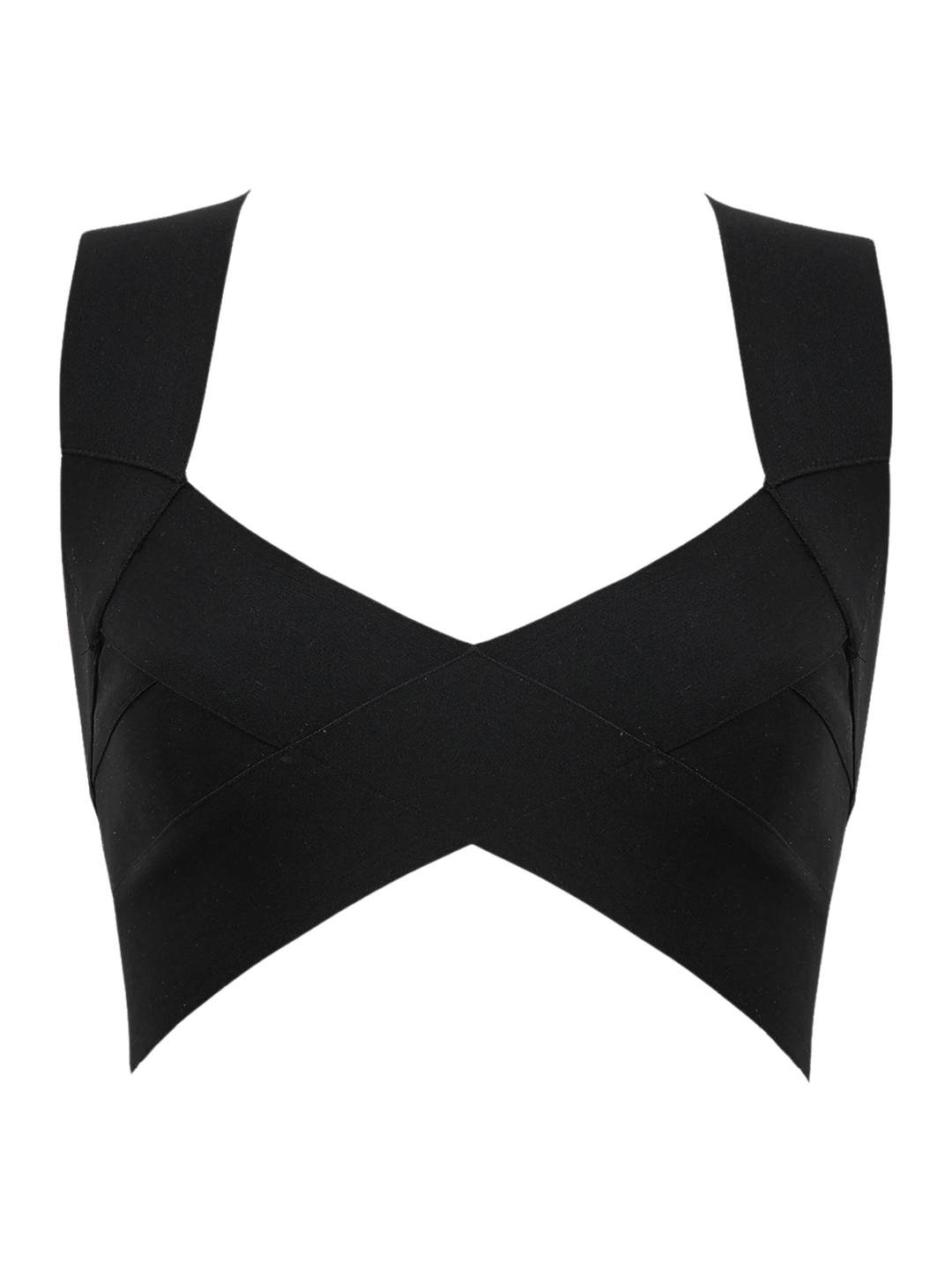 Ghost manequin wears a black ribbed bandage crop top. The bandage crop top has a  stretch fit, criss sross plunging front, thick straps and a zip back fastening. The front of the top can be soon.
