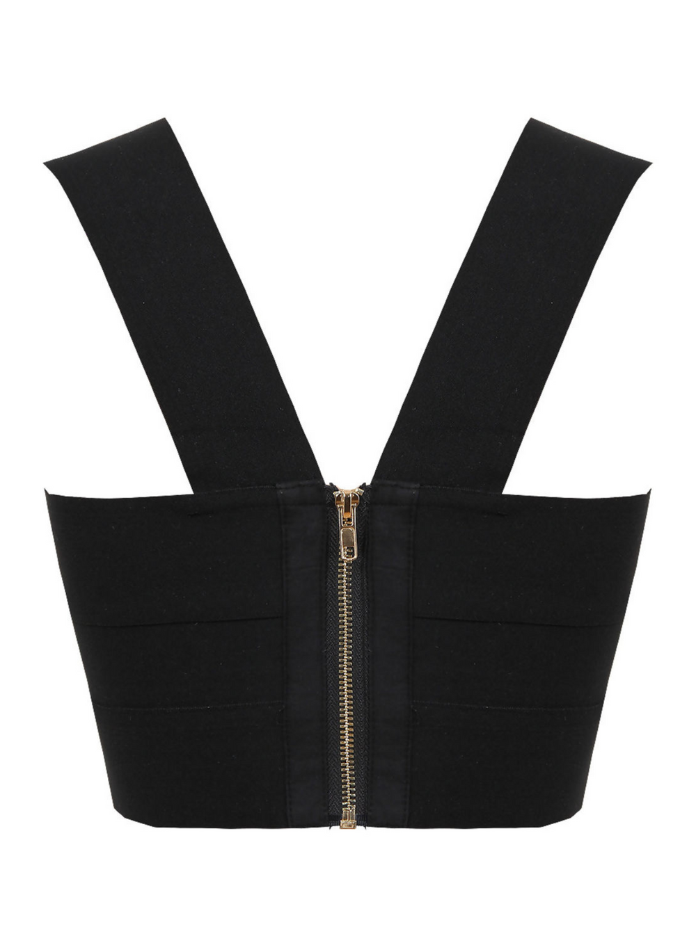 Ghost manequin wears a black ribbed bandage crop top. The bandage crop top has a  stretch fit, criss sross plunging front, thick straps and a zip back fastening. The back of the top can be seen, including the exposed zip back fastening.
