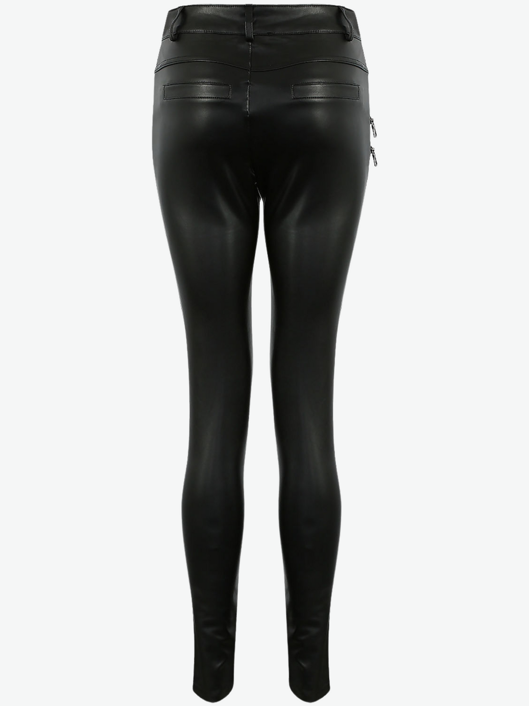 Ghost manequin wears a soft faux leather trousers with front button fastening and multiple zips. The ghost manequin stands so that the back of the trousers is in view. The rear pockets can be seen.