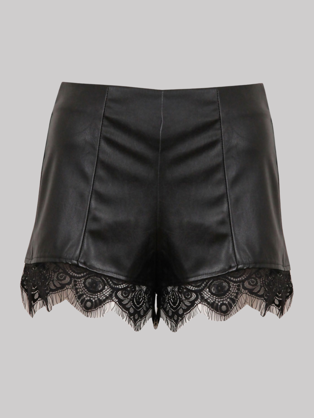 Ghost mannequin wears a  black faux leather shorts with panelled trim, a lace trim at the bottom of the shorts and an exposed zip back fastening. The ghost mannequin faces forward, the front of the shorts can be seen, including the lace trim.