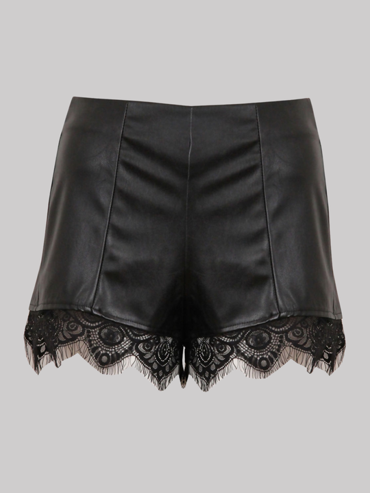 Ghost mannequin wears a  black faux leather shorts with panelled trim, a lace trim at the bottom of the shorts and an exposed zip back fastening. The ghost mannequin faces forward, the front of the shorts can be seen, including the lace trim.