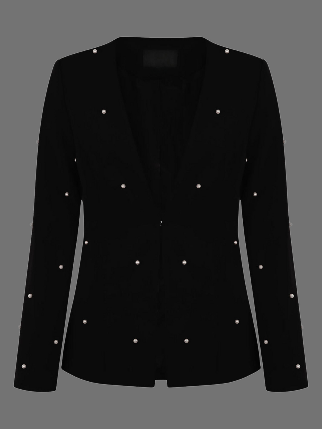 Ghost manequin wears a luxe black lapel-less blazer, with a tailored silhouette, front fastening and  decorative pearls accebrs  at the front of the blazer and blazer arms. The ghost manequin faces forward, the front of the blazer can seen.
