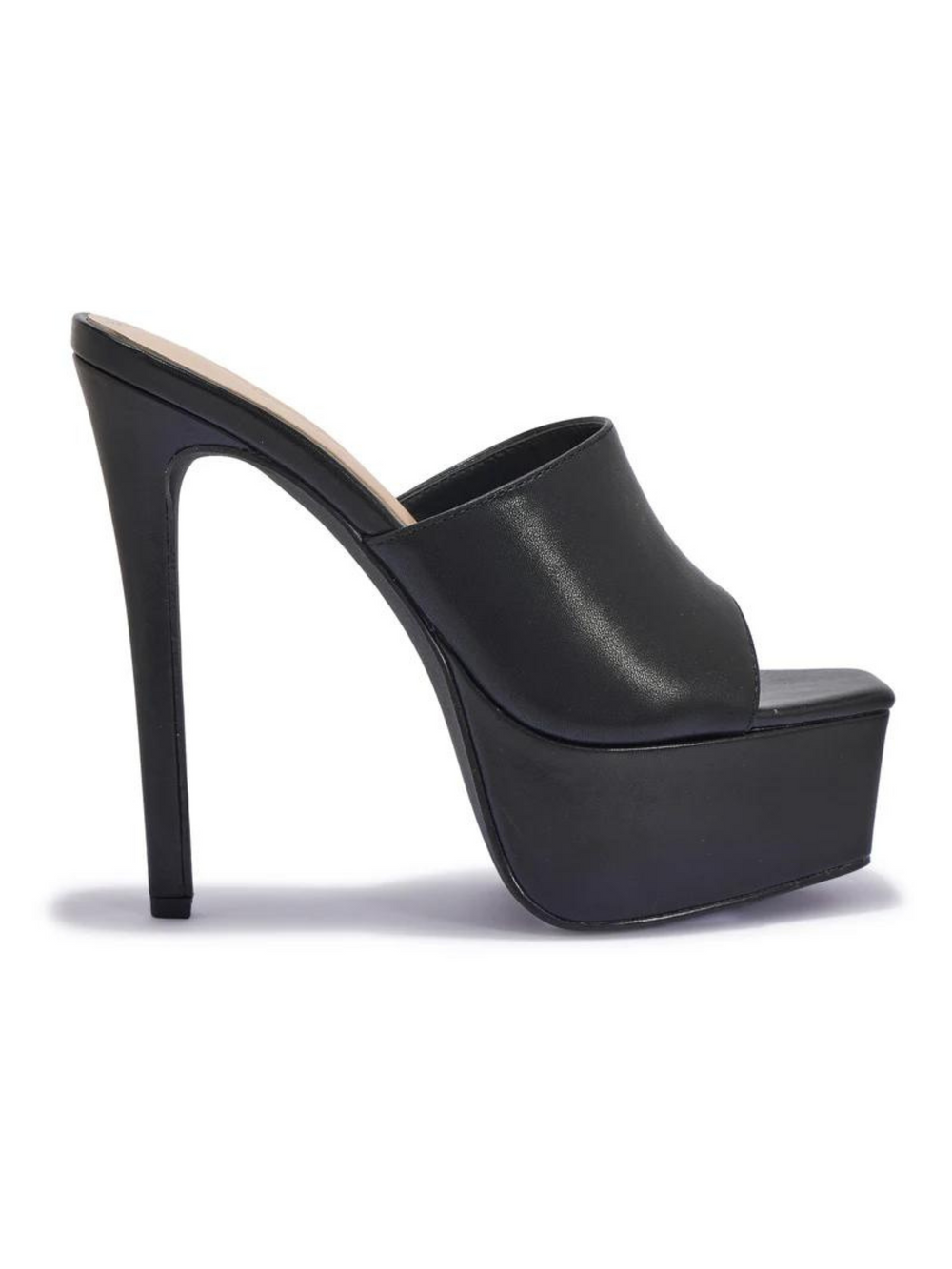 Black heeled mules that have a thick platform base and stiletto shoes. The side of the shoe can be seen.