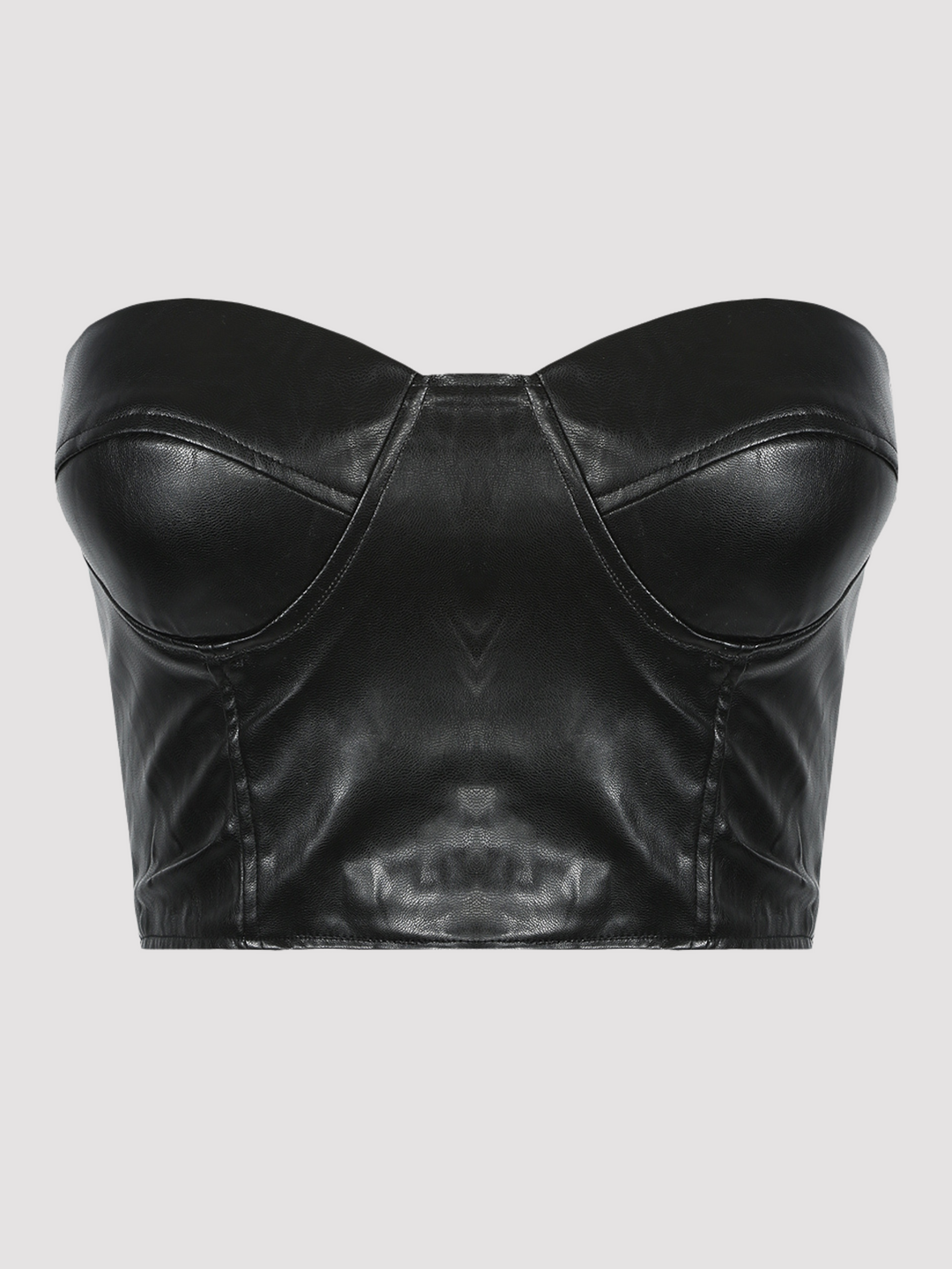 Ghost manequin wears black faux leather bralette crop top, with sweet heart neckline with exposed zip back fastening. The ghost manequin faces forward, the front of the black faux leather top can be seen.