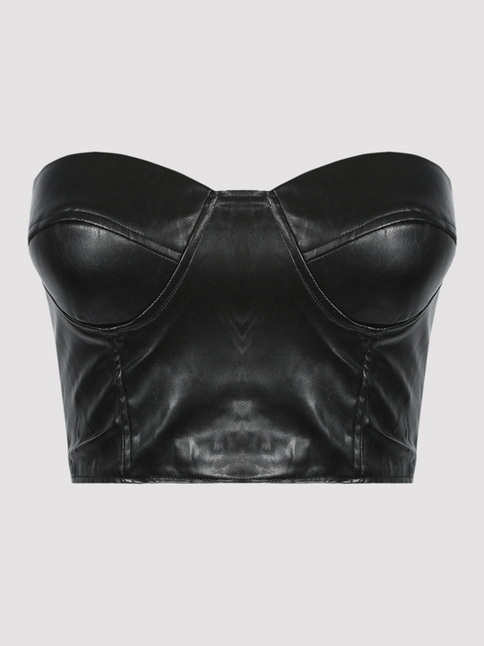 Ghost manequin wears black faux leather bralette crop top, with sweet heart neckline with exposed zip back fastening. The ghost manequin faces forward, the front of the black faux leather top can be seen.