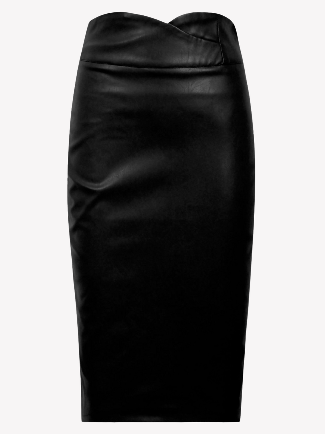 Ghost manequin wears a black pu leather high waisted skirt, with a criss cross sweetheart waist line and zip back  fastening. The front of the high waisted skirt can be seen.