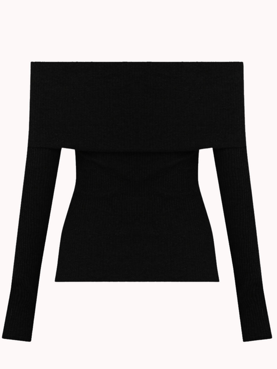Ghost manequin wears a black ribbed bardot top with long sleeves. The back of the top is visible.
