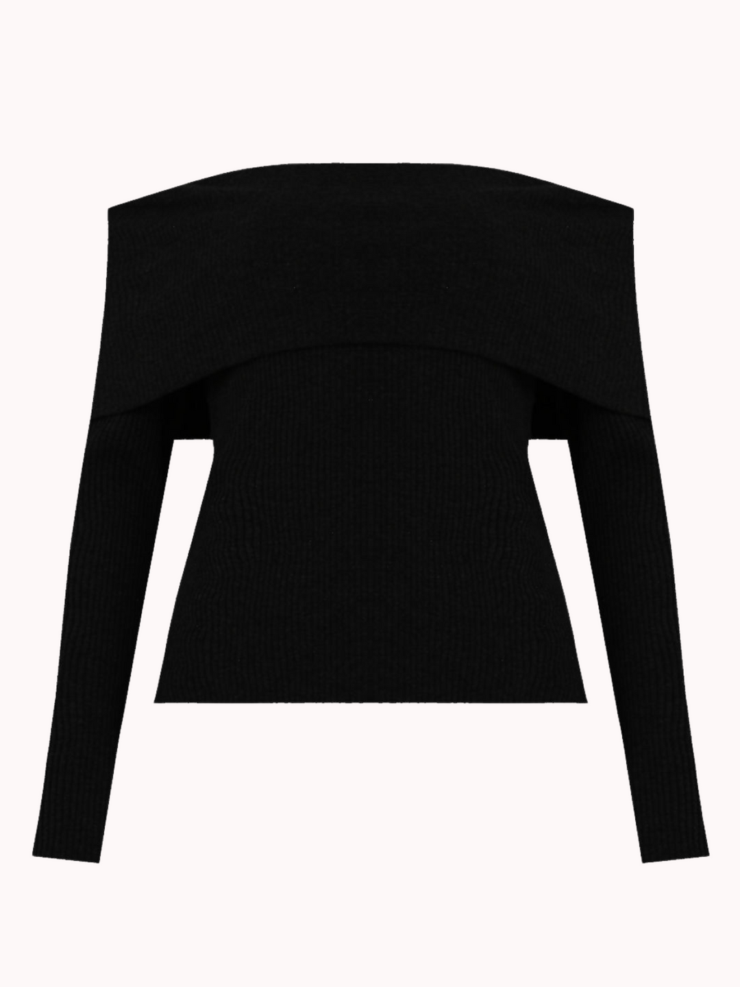 Ghost manequin wears a black ribbed bardot top with long sleeves.  The front of the top is visible. The ribbed design is evident.