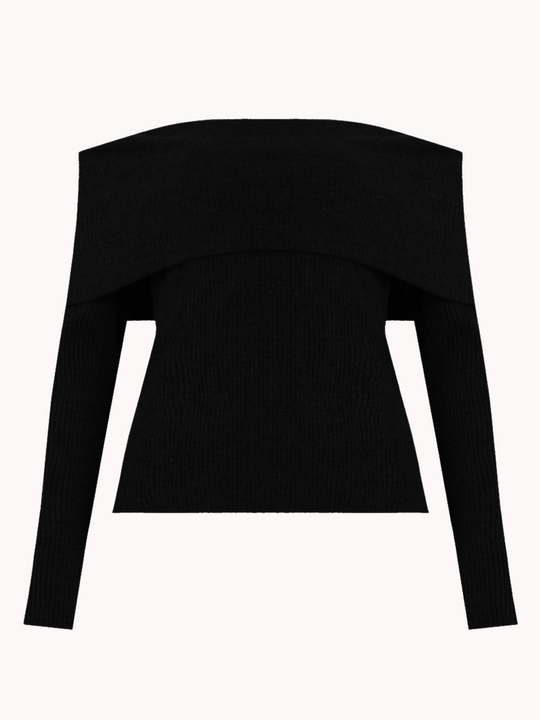 Ghost manequin wears a black ribbed bardot top with long sleeves.  The front of the top is visible. The ribbed design is evident.