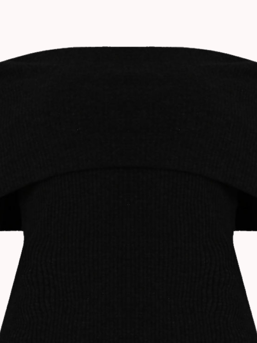 Close up. Ghost manequin wears a black ribbed bardot top with long sleeves.  The close up demonstrates the ribbed design of the top.