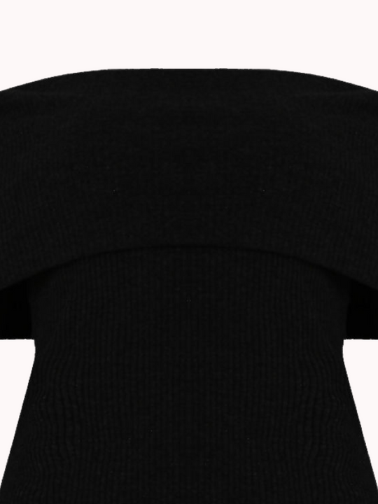 Close up. Ghost manequin wears a black ribbed bardot top with long sleeves.  The close up demonstrates the ribbed design of the top.