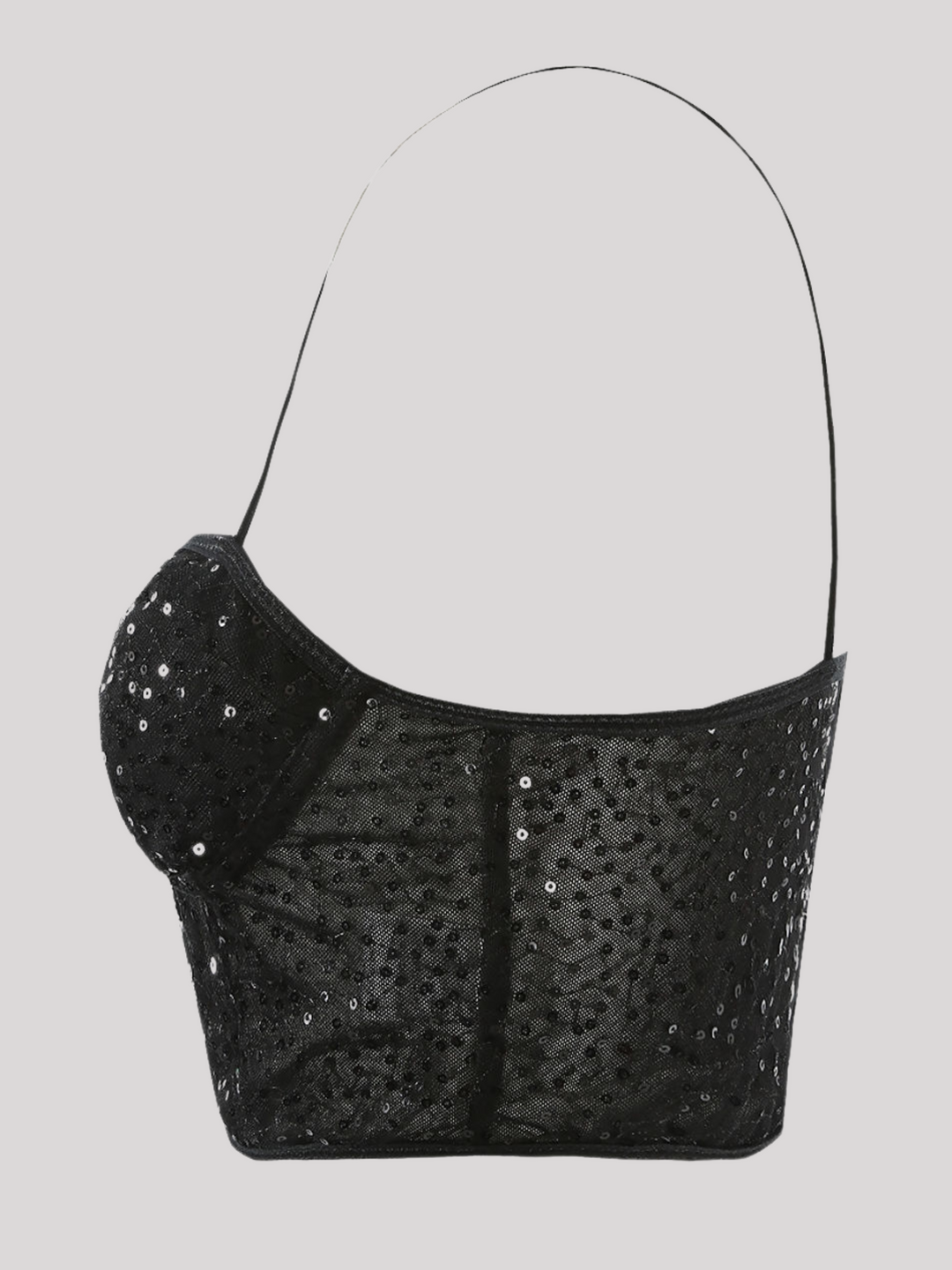 Ghost manequin wears a  black sequin crop top with hook back fastening and spaghetti straps. The crop top has a front sheer panel with sequin detailing. The ghost manequin stands to the ide, the side of the crop top ccan be seen, including the sheer panelling.
