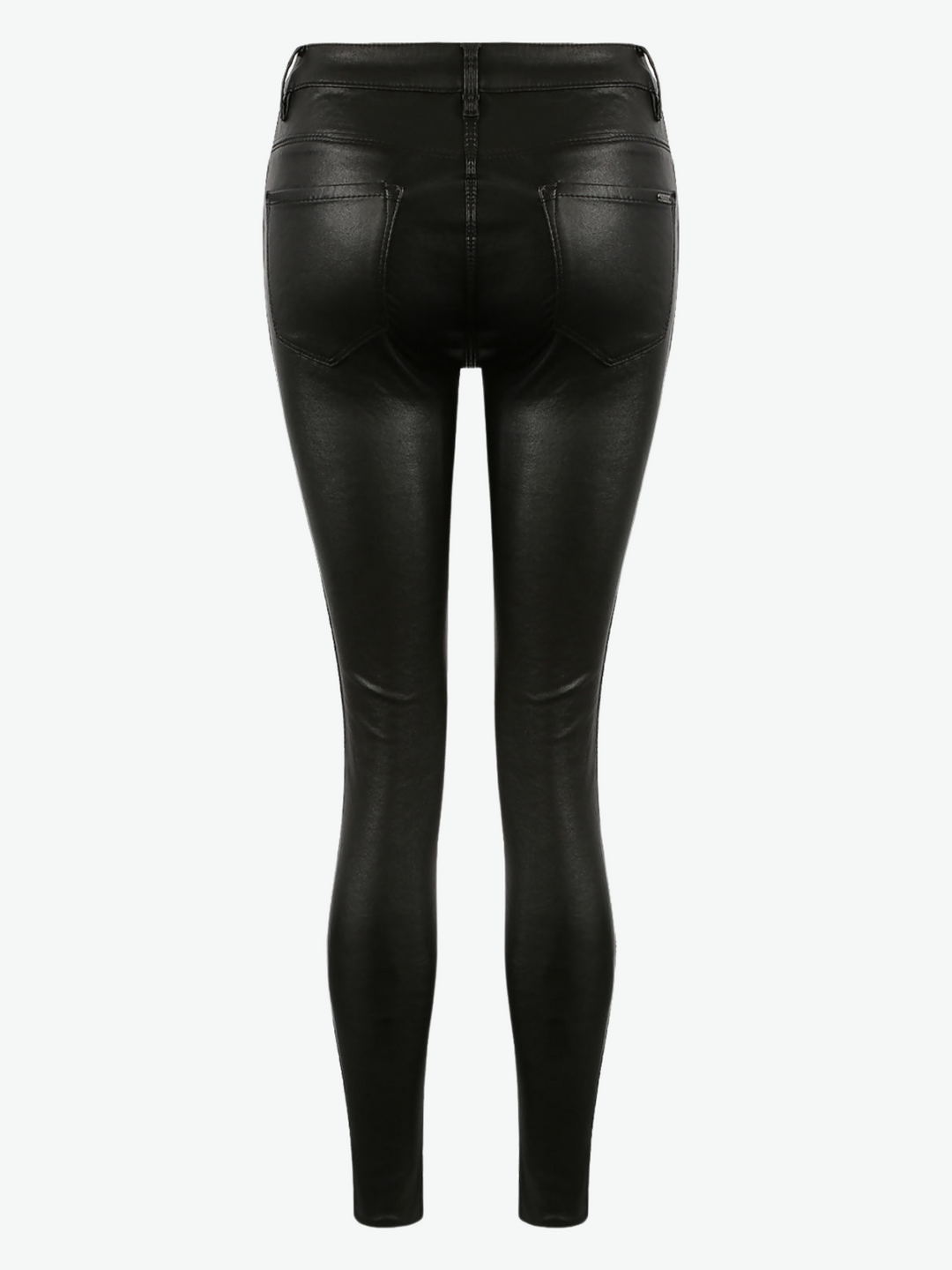 Ghost manequin wears matte faux leather skinny  jeans, with a metallic sequin strip down the sides. The low rise jeggings has front and back pockets.  The back of the jeggings can be seen, demonstrating two pockets and a central seam.