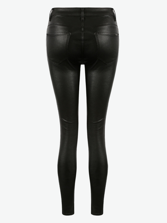 Ghost manequin wears matte faux leather skinny  jeans, with a metallic sequin strip down the sides. The low rise jeggings has front and back pockets.  The back of the jeggings can be seen, demonstrating two pockets and a central seam.