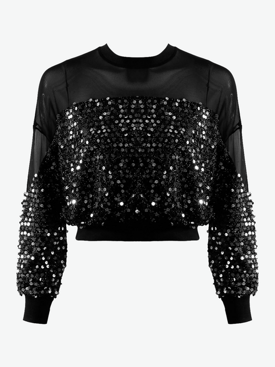 Ghost manequin wears a black Crop top with silver sequins and black mesh panelling at the top and sleeve. The front of the crop top is visible.