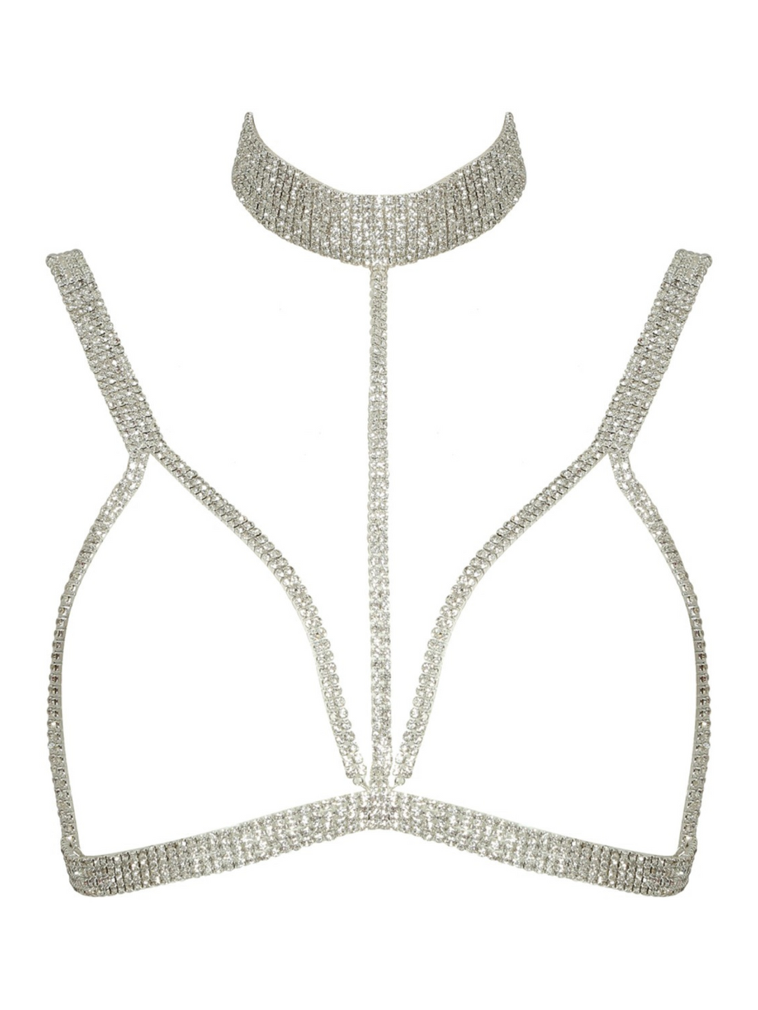 Ghost manequin wears diamante triangle cut out with adjustable diamante choker and adjustable chain back fastening.