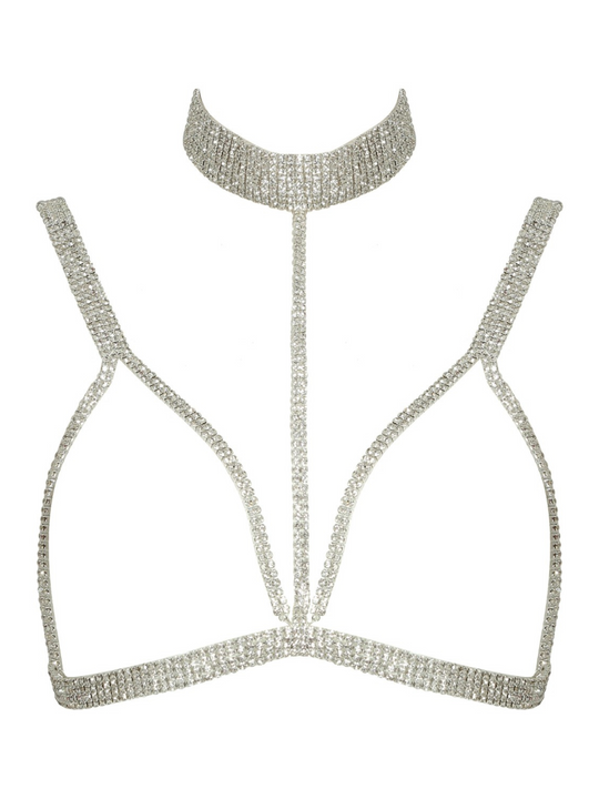 Ghost manequin wears diamante triangle cut out with adjustable diamante choker and adjustable chain back fastening.