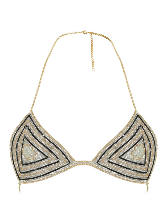 Ghost manequin wears gold, silver and black diamante bralette with gold chain halter neck chain hook fastening. The diamante bralette has triangle shaped cups, that has silver and gold jeweled design at the centre.