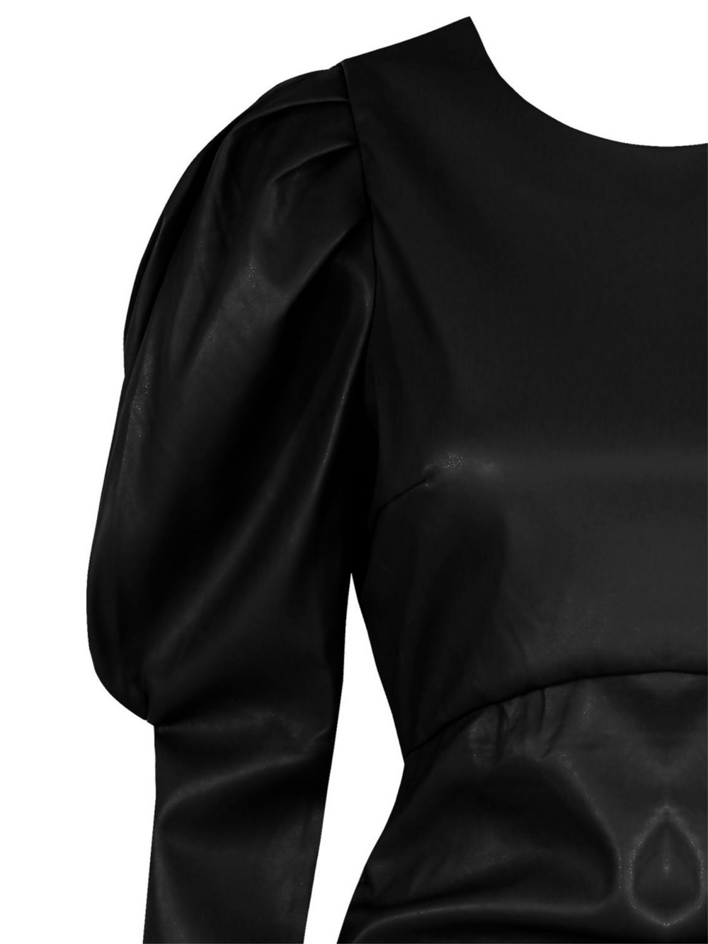 Ghost manequin wears a faux leather dress. A close up olose up of the pleated puffy shoulders and long sleeves.