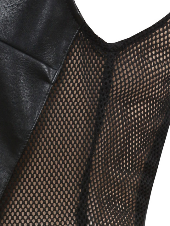 Ghost manequin wears a pvc mini skater dress, with side and back mesh detaining. The skater dress is sleeveless and has a high neck. A close up of the mesh paneling can be seen.