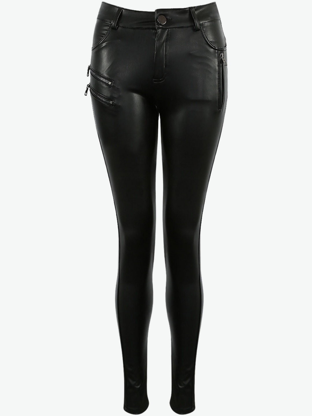 Ghost manequin wears a soft faux leather trousers with front button fastening and multiple zips. The ghost manequin stands facing forward. The front of the trousers is visible, The zips at the sides of the trousers can be seen.