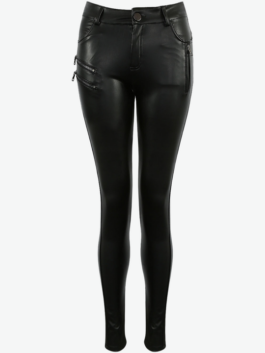 Ghost manequin wears a soft faux leather trousers with front button fastening and multiple zips. The ghost manequin stands facing forward. The front of the trousers is visible, The zips at the sides of the trousers can be seen.