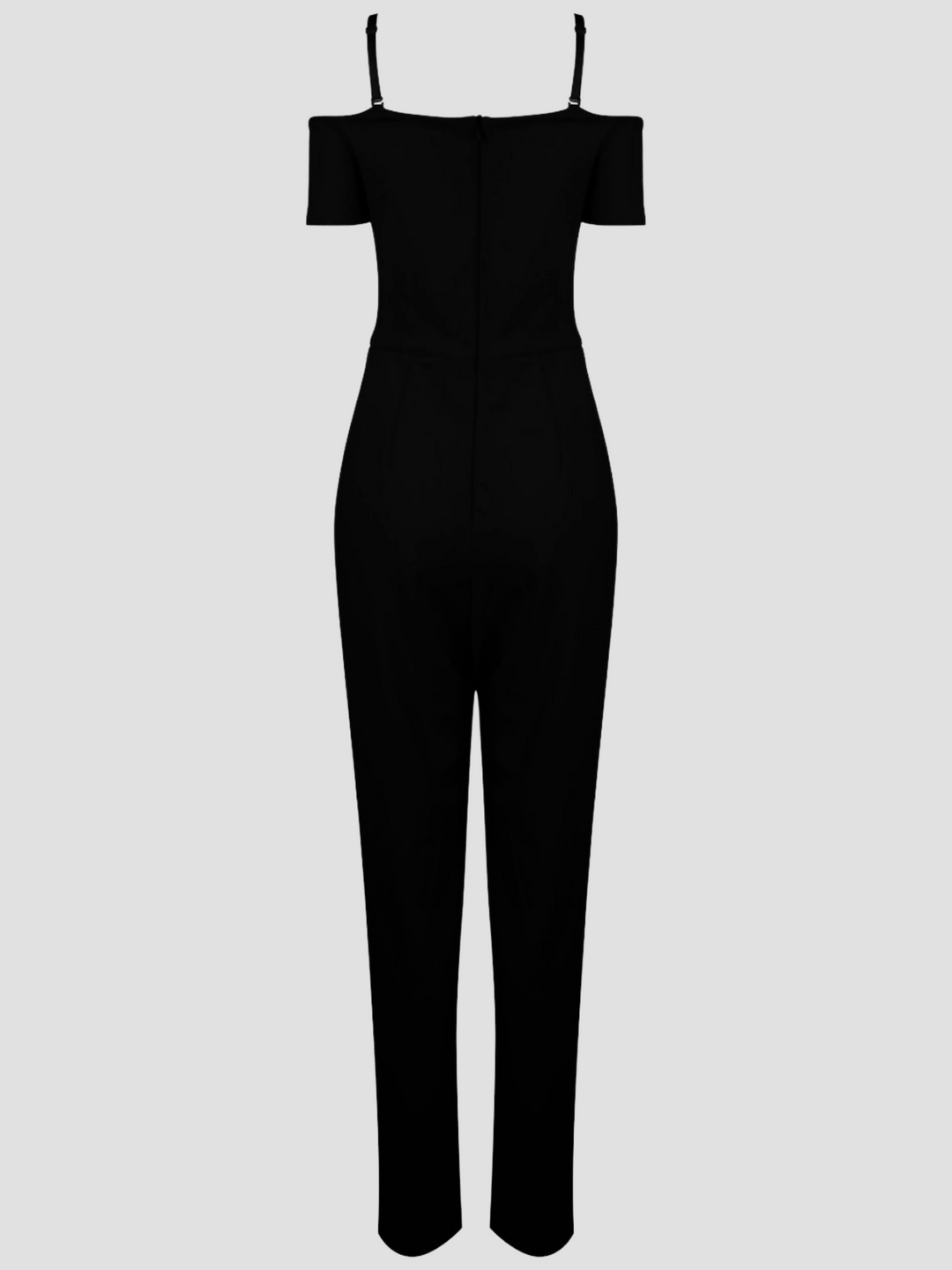 Ghost manequin wears bardot style neckline and adjustable straps. The jumpsuit has a tailored fit  with zip back fastening.  The ghost manequin has its back to the camera, the back of the jumsuit that shows the concealed zip is visible.