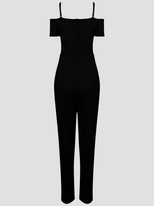 Ghost manequin wears bardot style neckline and adjustable straps. The jumpsuit has a tailored fit  with zip back fastening.  The ghost manequin has its back to the camera, the back of the jumsuit that shows the concealed zip is visible.