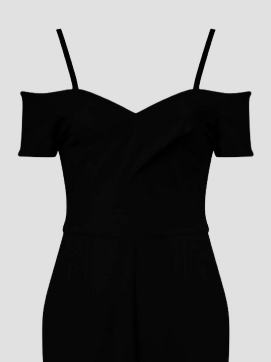 A closeup of a ghost manequin wearing a bardot style neckline and adjustable straps. The jumpsuit has a tailored fit  with zip back fastening.  The closeup demonstrates the bardot style cut.