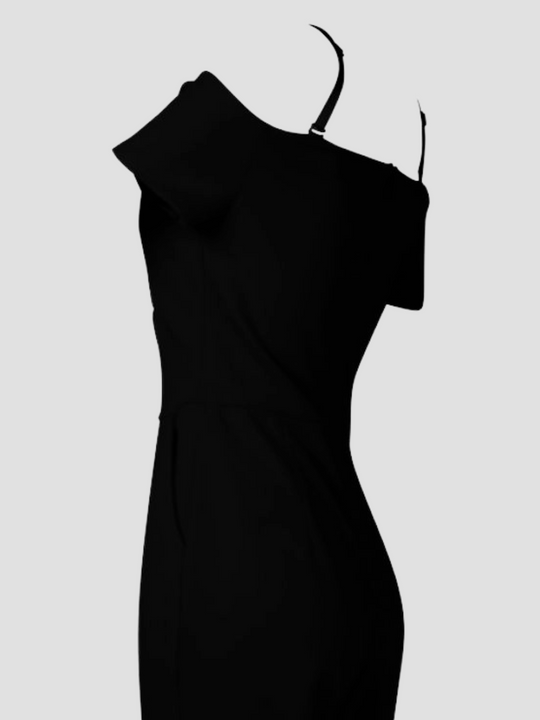 Ghost manequin wears bardot style neckline and adjustable straps. The jumpsuit has a tailored fit  with zip back fastening.  The ghost manequin stands to the side, the bardot sleeves can be seen.
