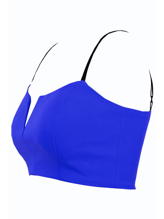 Ghost manequin wears a v cut royal blue bralette, with black spaghetti straps and zip back fastening. The side of the bralette can be seen.