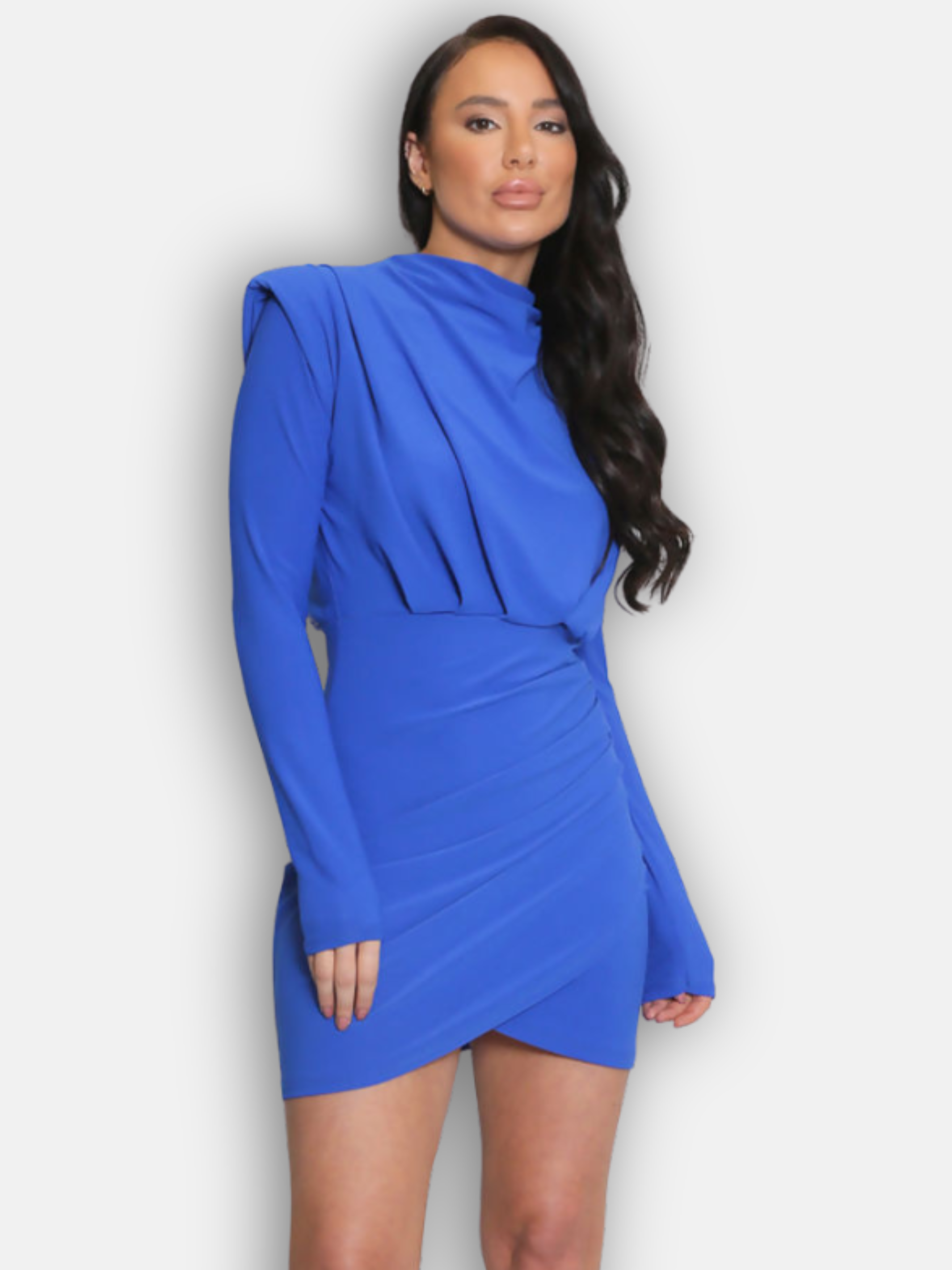 Royal Blue Draped Mini Dress With Long Sleeves And Padded Shoulders