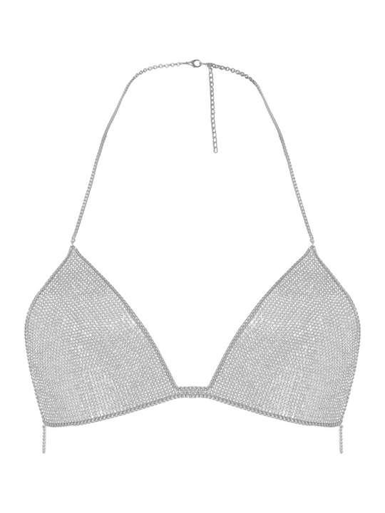 Ghost manequin wears silver triangle diamante bralette with chain trim. The ghost manequin wears the bralette demonstrating the silver halterneck chain.
