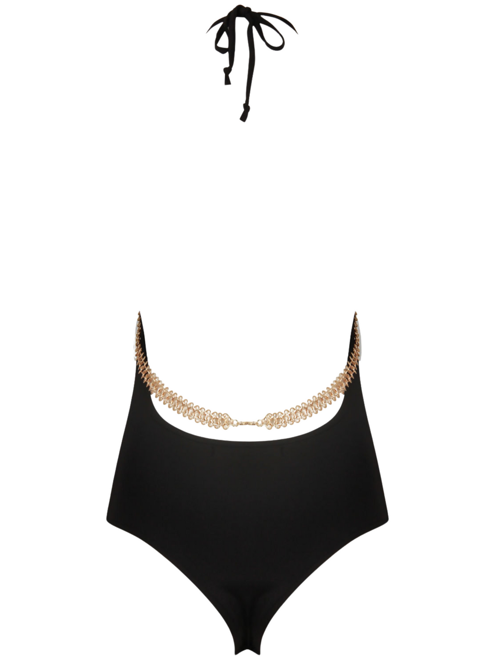 Ghost manequin wears a black slinky bodysuit with a gold chain trim at the front and the rear. The black bodysuit has  a cami front cut and a low back design. The gold chain  can be seen at both the front and the back of the bodysuit.  The ghost manequin faces way from the camera. The halter neck fastening can be seen, as well as the low back and the gold chain that goes across the back and sits above the the low back hem of the bodysuit.