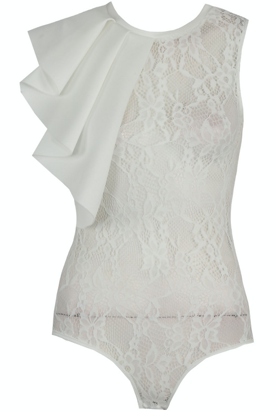Ghost manequin wears a white high neck lace bodysuit.  One shoulder of the bodysuit has ruffled shoulders. The front of the bodysuit can be seen.