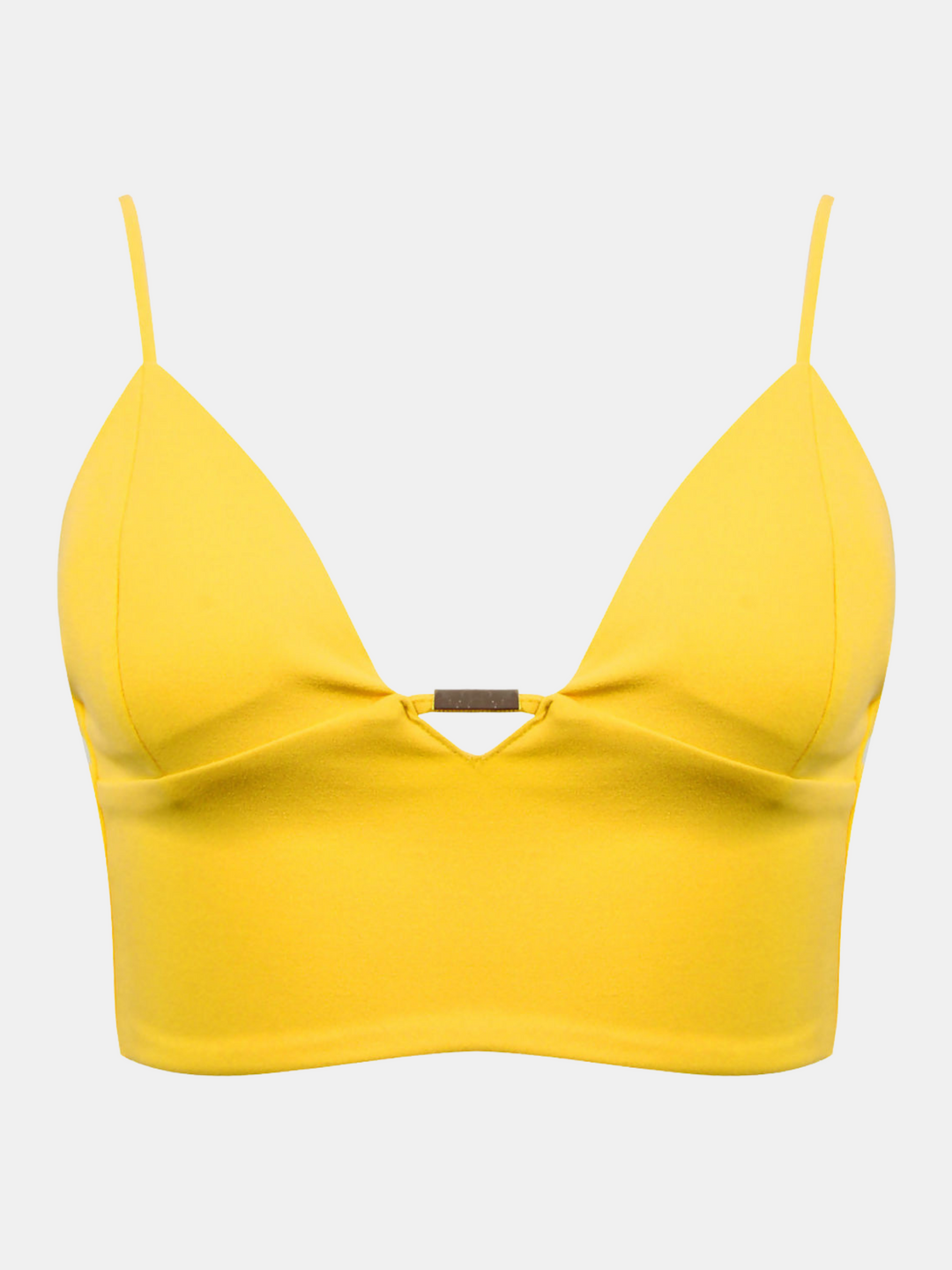 Ghost manequin wears a yellow bralete and v neck  front and spaghetti straps. The ghost manequin faces forward and the the front of the bralette can be seen.