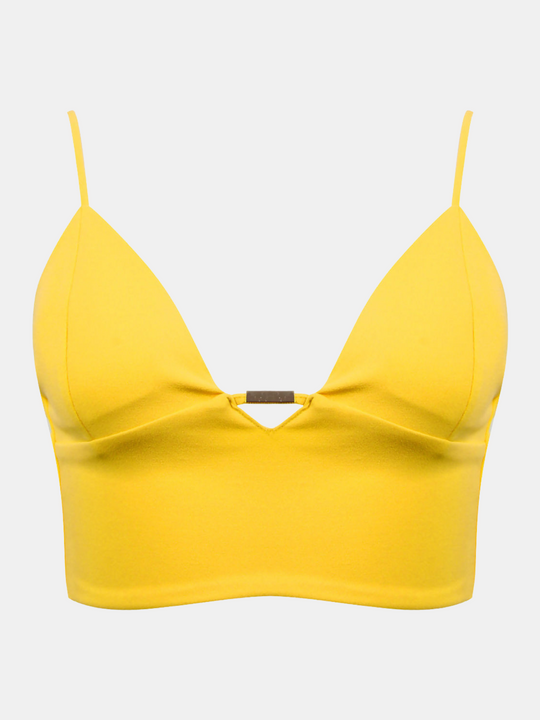 Ghost manequin wears a yellow bralete and v neck  front and spaghetti straps. The ghost manequin faces forward and the the front of the bralette can be seen.